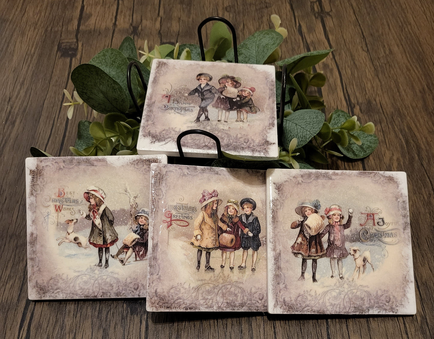 Snow Children Decoupaged Coaster Set