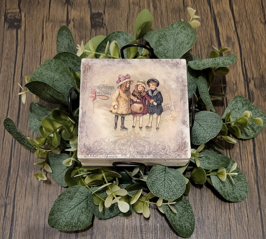 Snow Children Decoupaged Coaster Set