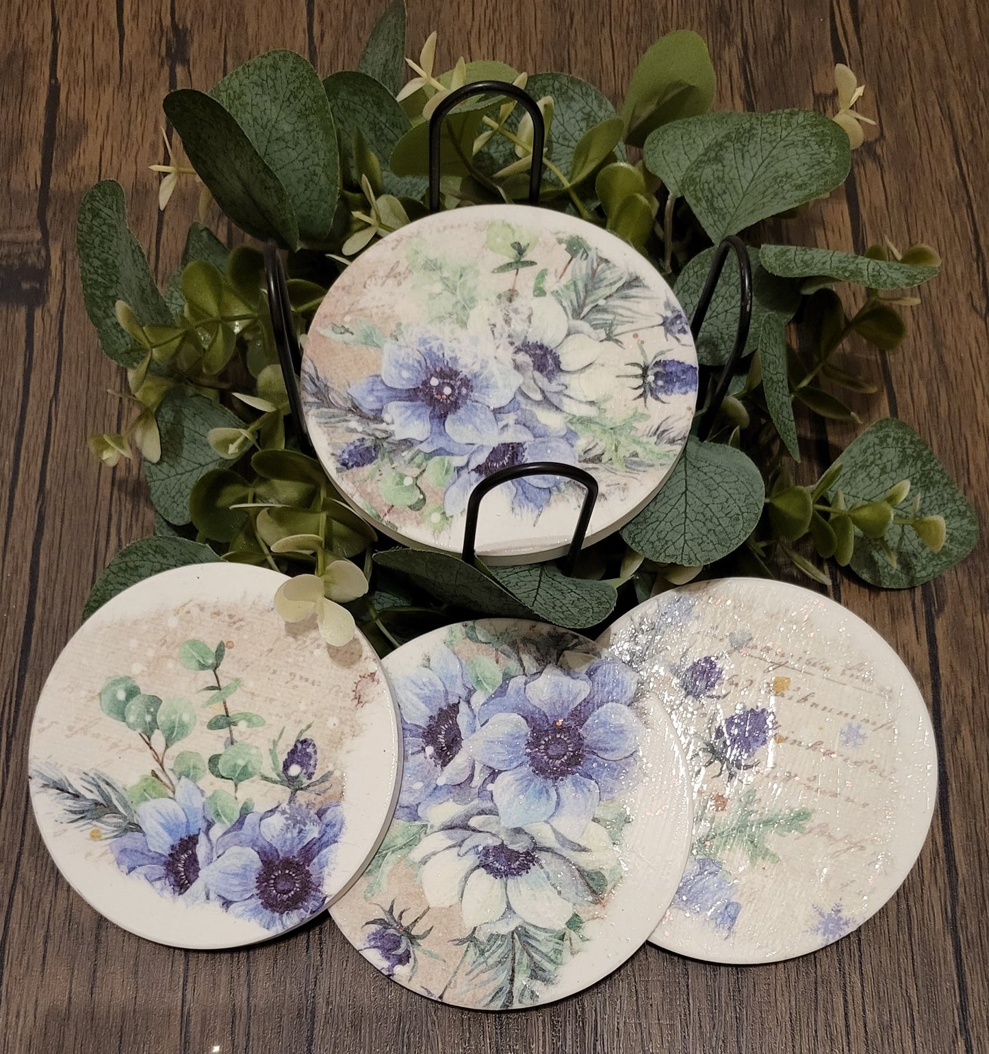 Blue Flowers Decoupaged Coaster Set